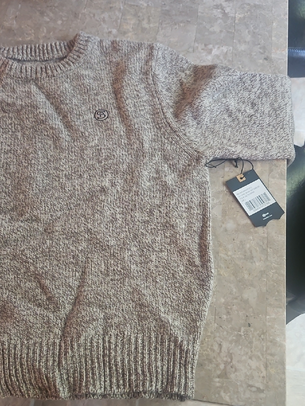 Men's Crewneck Marled Taupe Sweater with Subtle Logo